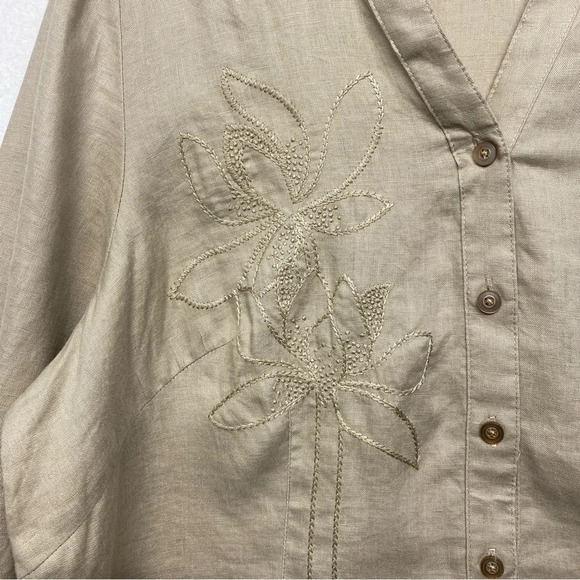 Ecologie Woman Button Down Shirt 2X Tan 100% Linen Embroidered Long Sleeve Top - Picture 2 of 10